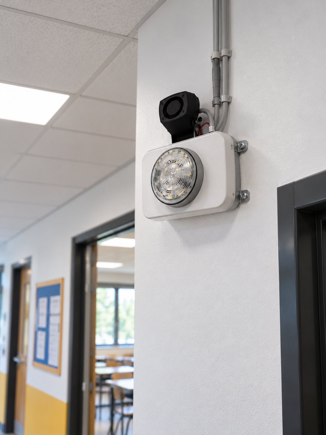 Sirena d'allarme e segnalatore a parete installato nel corridoio di un plesso scolastico per allarmi broadcast da interni