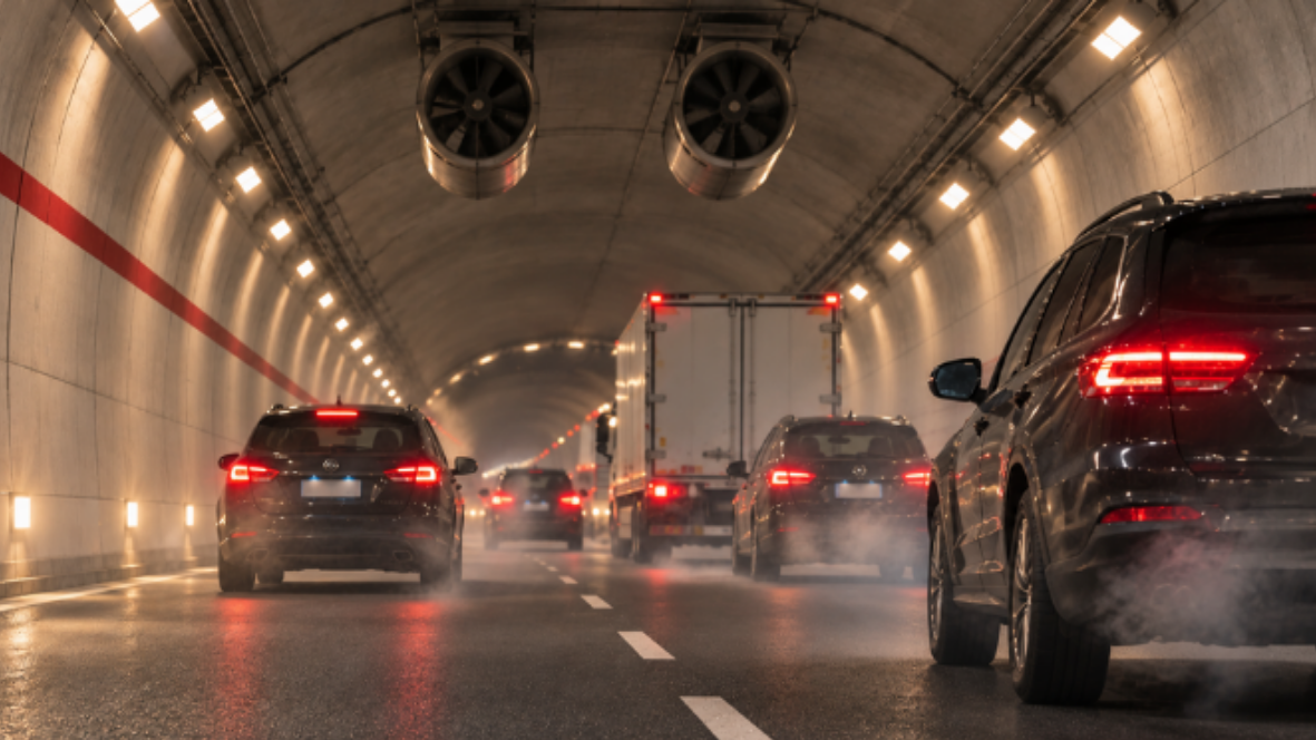 Veicoli in transito all'interno di una galleria stradale illuminata con acceleratori di ventilazione a soffitto ed emissioni di scarico.