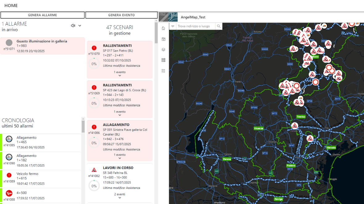 Schermata di monitoraggio della piattaforma Angel BPM con mappe geografiche, flussi video e gestione allarmi per sale operative.