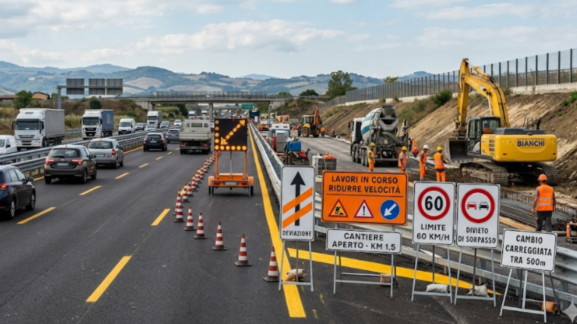 Cantiere stradale con segnaletica verticale, carrello con freccia luminosa, escavatore e operatori al lavoro, ambito di applicazione del sistema Axatel Angel Road Site.