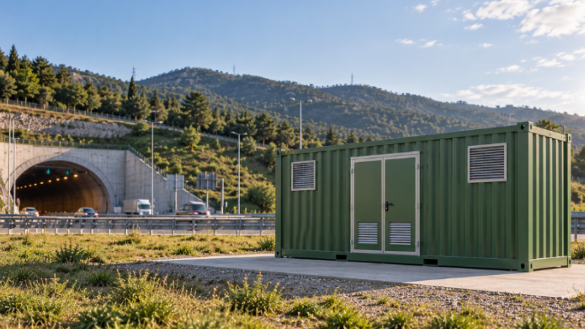 Container verde per la gestione BESS e accumulo energetico posizionato all'esterno dell'imbocco di una galleria stradale, con impianti Axatel.