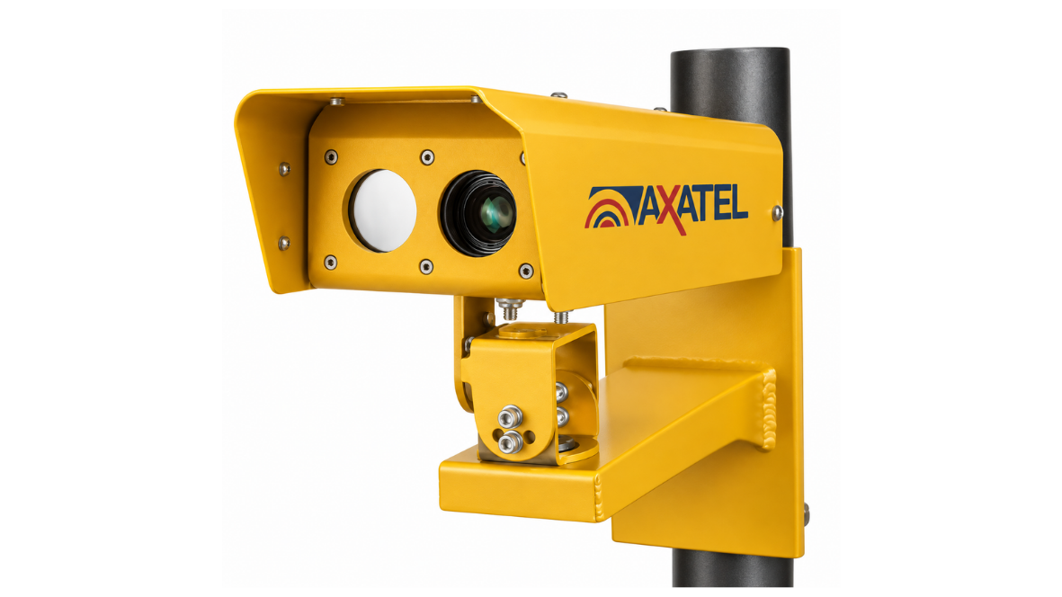 Telecamera industriale di colore giallo brillante Axatel Angel TunnelEye per il tracciamento ANPR e merci pericolose in galleria.