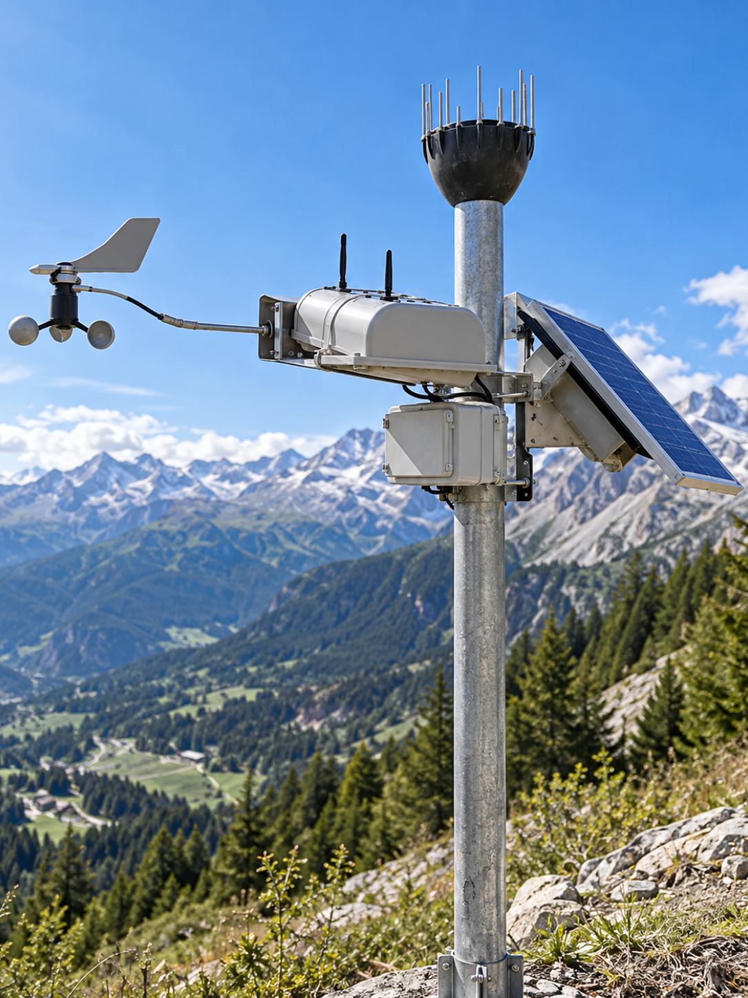 Stazione meteorologica LoRaWAN Cerere con anemometro, pluviometro e pannello fotovoltaico installata su palo in un contesto alpino