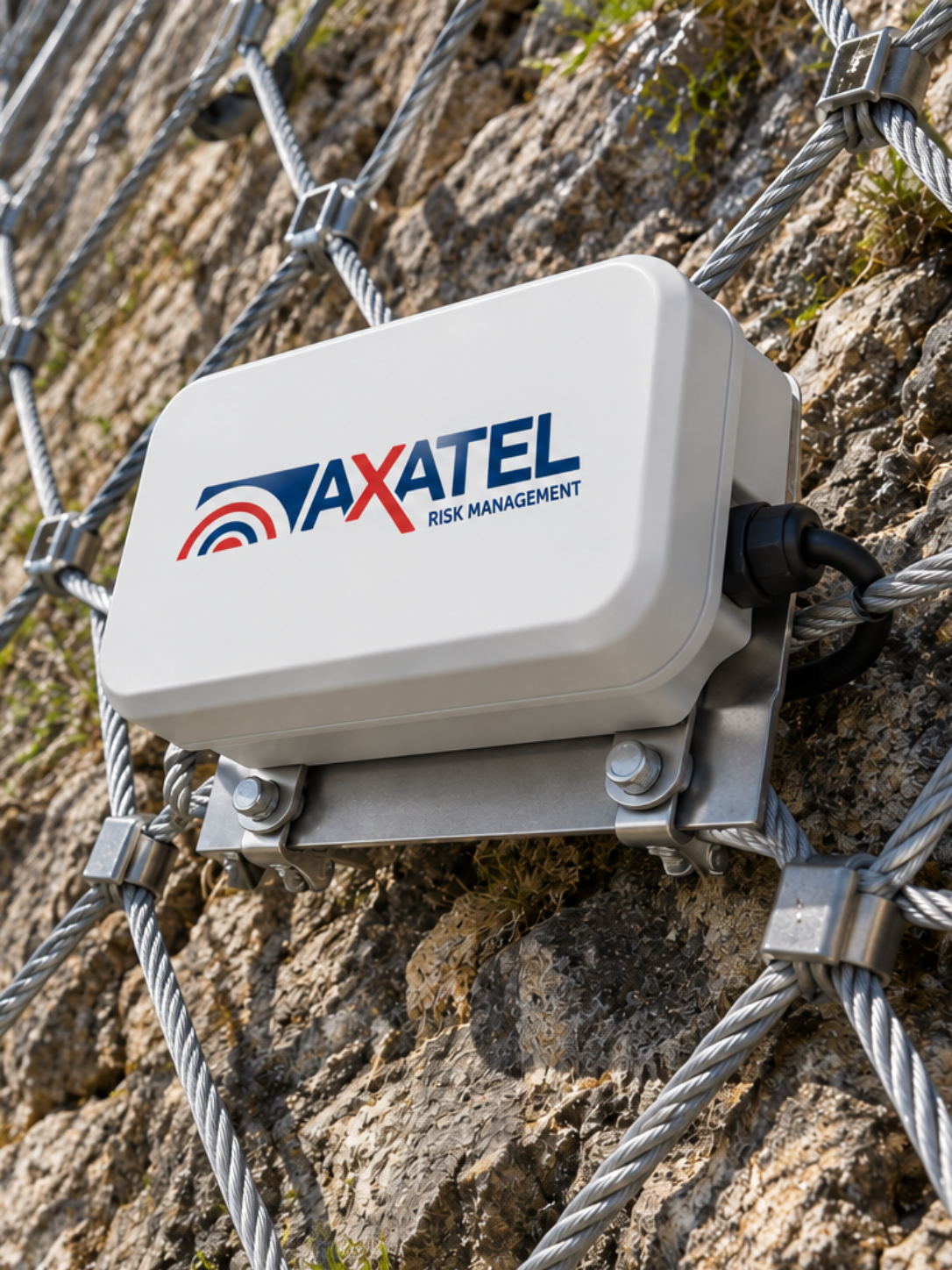 Sensori Axatel per il rilevamento urti installati su una rete paramassi metallica in un versante montano per il monitoraggio del dissesto idrogeologico