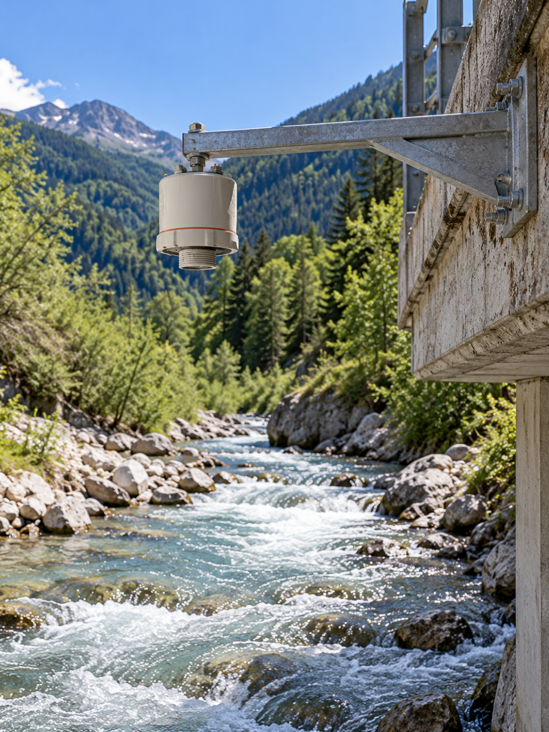 Sensore radar LoRaWAN River Device di Axatel montato su staffa sopra un torrente di montagna per il monitoraggio continuo del livello idrico