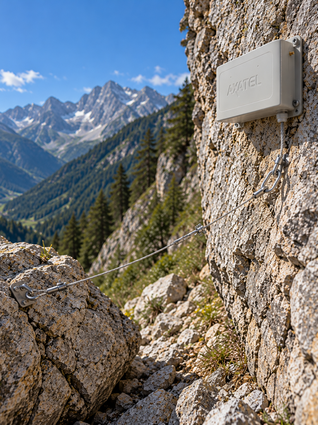 Sensore di distacco a strappo Axatel con cavo di ancoraggio installato su parete rocciosa in ambiente alpino per il rilevamento di crolli e distacchi