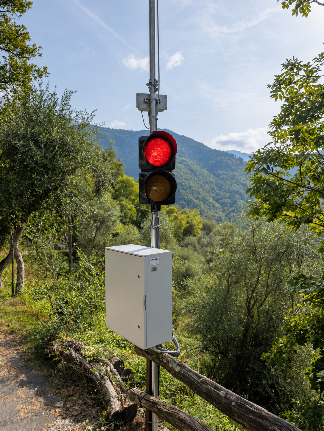 Sistema semaforico telecontrollato LoRaWAN con due lanterne e box di controllo installato in area montana per la gestione delle emergenze