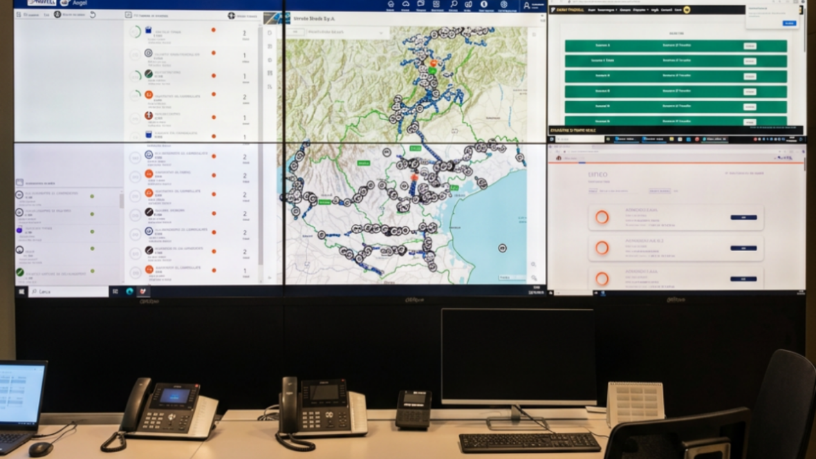 Schermata di monitoraggio della piattaforma Angel BPM con mappe geografiche, flussi video e gestione allarmi per sale operative.
